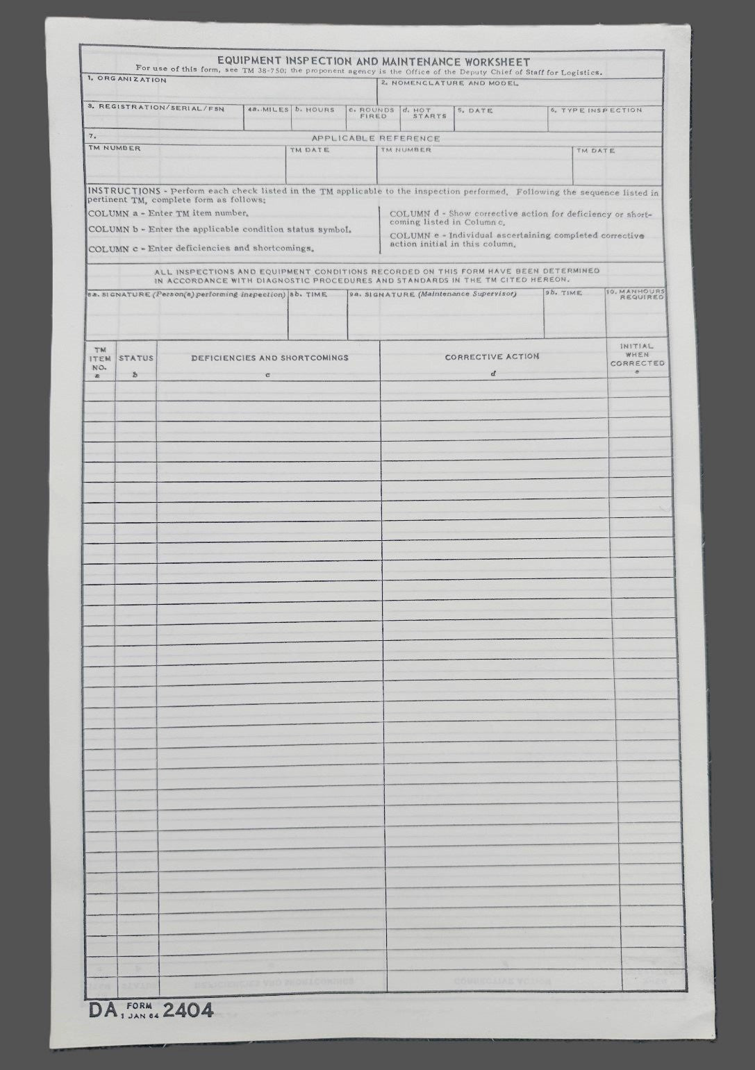 US DA 2404 Pad of blanks